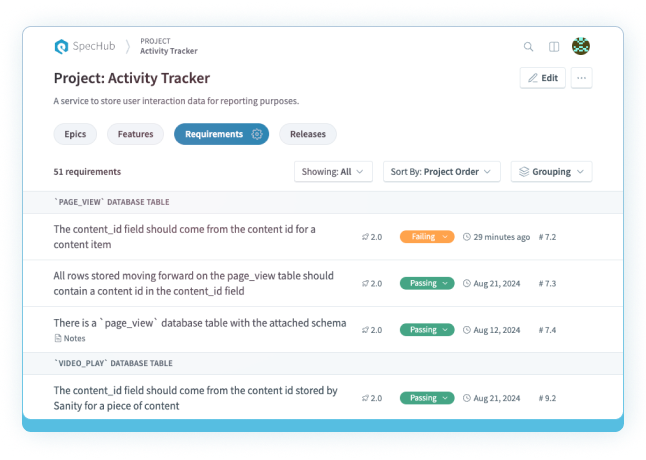 Screenshot of easy documentation of requirements in SpecHub